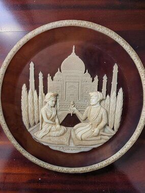 Vintage Incolay stone decorative plate titled "The Taj Mahal Lovers" featuring 3